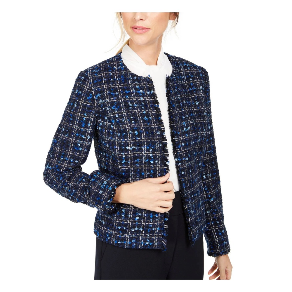 Calvin Klein Navy Blue Plaid Tweed Fringe Open Front Jacket Blazer Size 8 Career